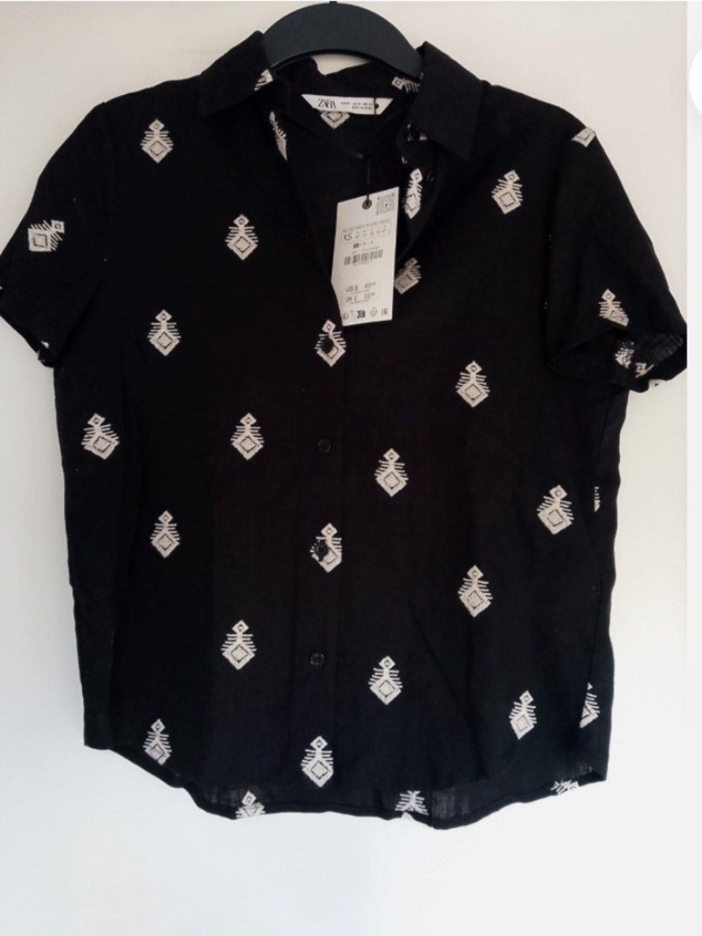 Zara Black & White Embroidered Viscose Linen Shirt Top Size S BNWT